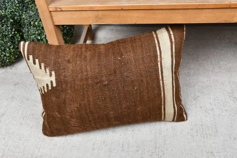 Pillow Sham, Antique Pillows, Boho Throw Cushion, Handmade Kilim Cushion, Seat Pillow Case, 16x24 Brown Cushion Cover, Pillow for Couch - 7