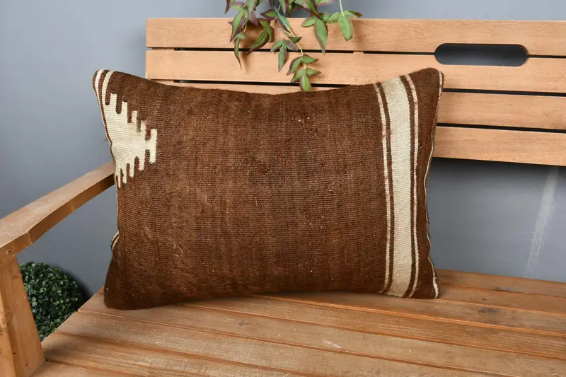Pillow Sham, Antique Pillows, Boho Throw Cushion, Handmade Kilim Cushion, Seat Pillow Case, 16x24 Brown Cushion Cover, Pillow for Couch - 1