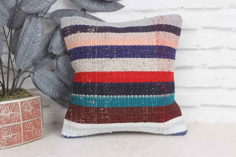 Boho Pillow, 12x12 Blue Pillow Sham, Turkish Kilim Pillow, Handwoven Pillow Cover Cushion, Vintage Kilim Throw Pillow, Pillow Case - 1