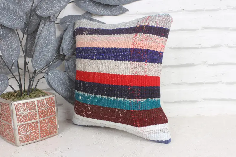 Boho Pillow, 12x12 Blue Pillow Sham, Turkish Kilim Pillow, Handwoven Pillow Cover Cushion, Vintage Kilim Throw Pillow, Pillow Case - 3
