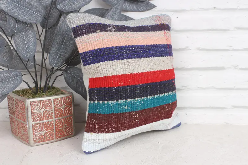 Boho Pillow, 12x12 Blue Pillow Sham, Turkish Kilim Pillow, Handwoven Pillow Cover Cushion, Vintage Kilim Throw Pillow, Pillow Case - 4