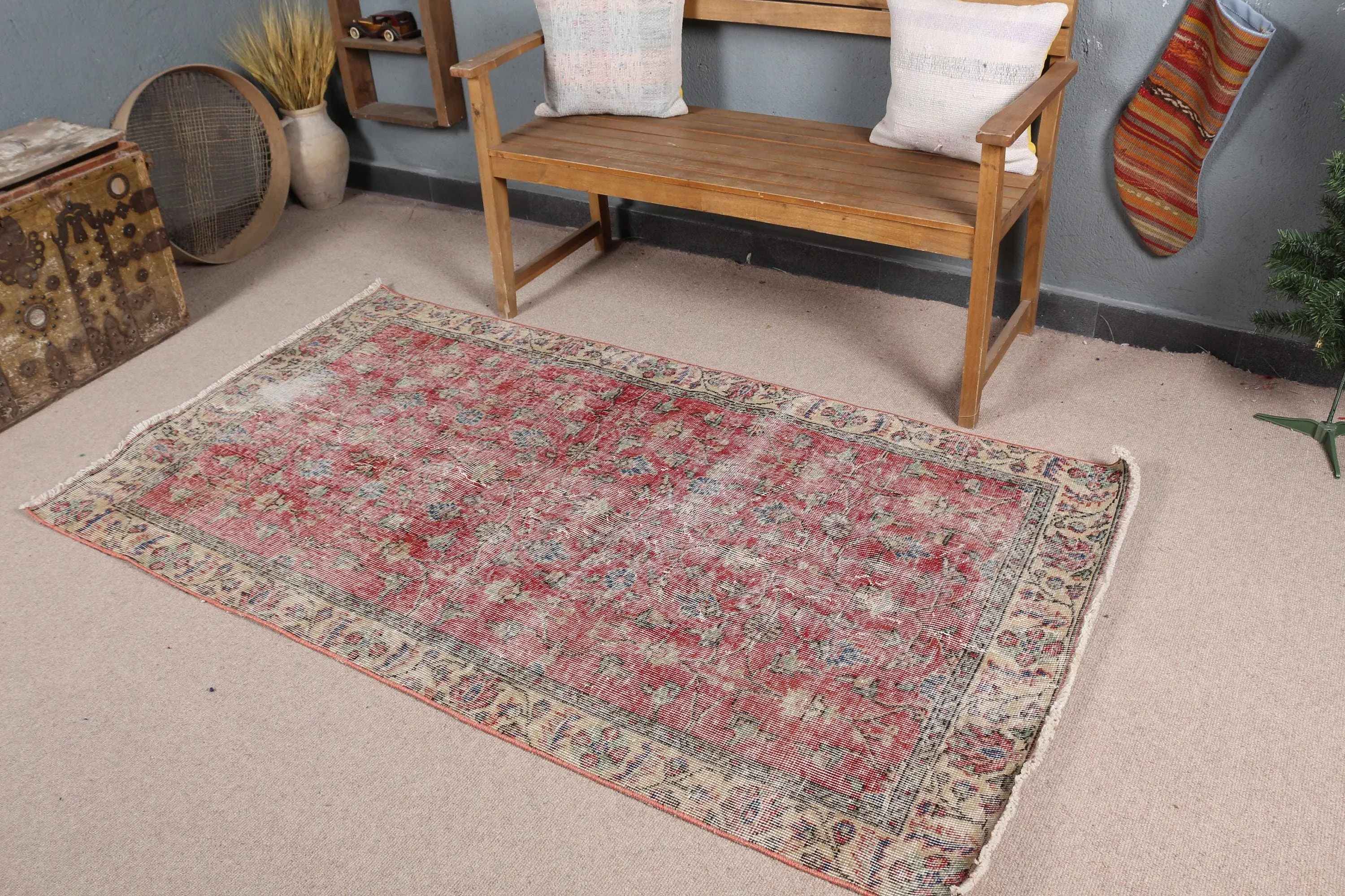 Alfombra decorativa vintage 3,6x6,6 pies (111x200 cm), alfombra turca floral roja - 1