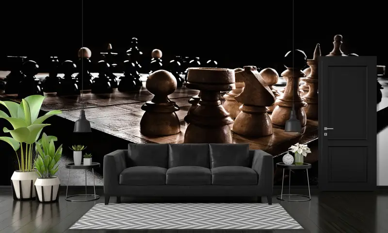 オフィスの壁の装飾、モダンウォールペーパー、チェス愛好家のギフト壁画、ワークスケープ壁画、3Dウォールペーパー、チェス、ペーパーウォールアート、モダンウォールペーパー、 - 3