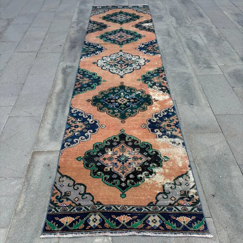 3.2x12.7 ft Vintage Turkish Rug, Runner Rug, Blue Brown Floral Wool Rug - 1