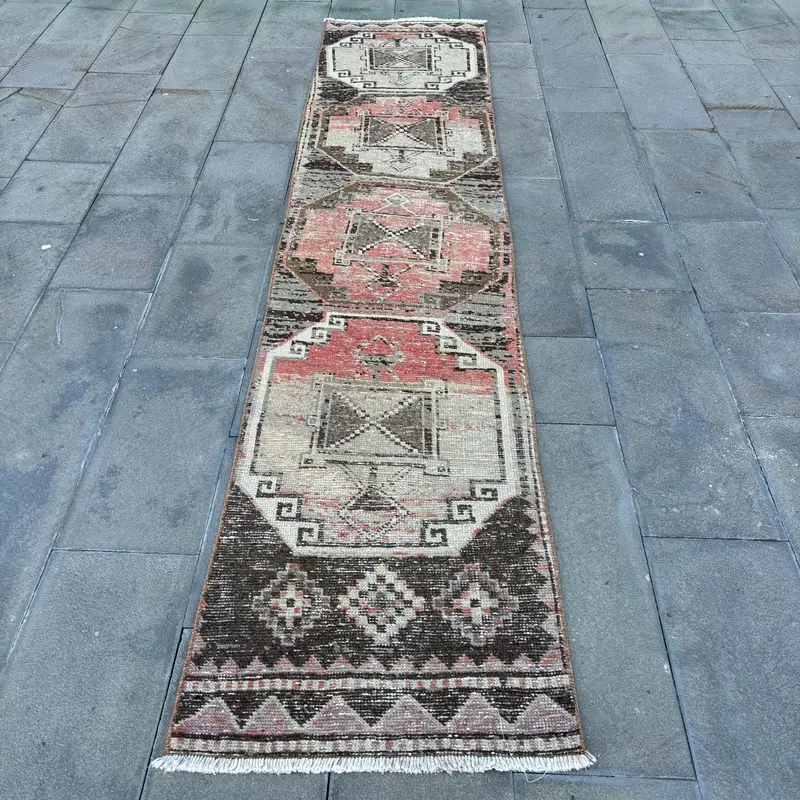 2.3x10.7 ft Turkish Oushak Rug, Red Striped Vintage Wool Rug - 1