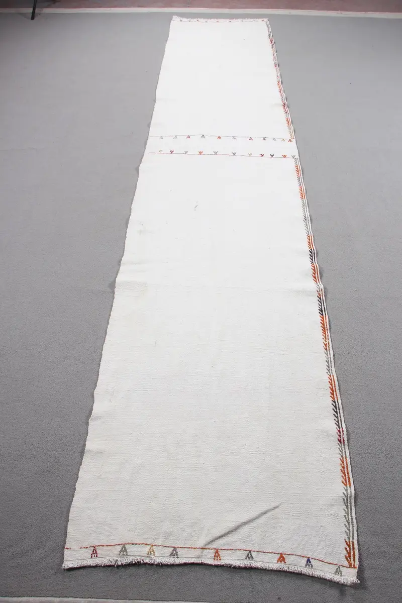 Turkish Vintage Kilim Rug 2.5x12.3 ft, White Runner Floral Wool Rug - 1