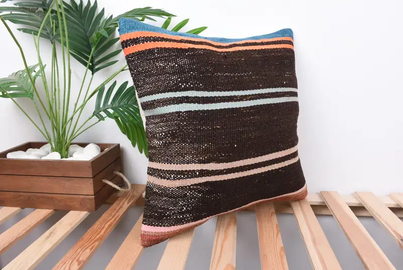 18x18 Brown Pillow, Handmade Kilim Cushion, Rustic Cushion Case, Turkish Kilim Pillow, Vintage Pillow, Cushion Cover, Kilim Rug Cushion Cover - 4