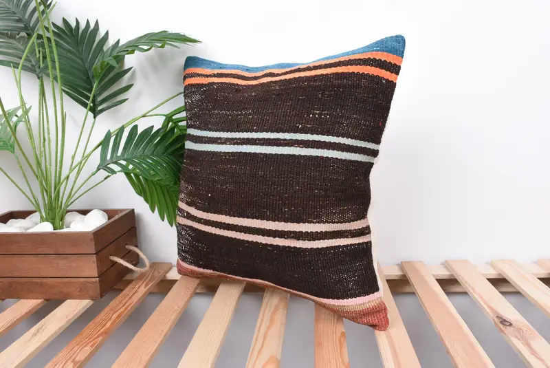 18x18 Brown Pillow, Handmade Kilim Cushion, Rustic Cushion Case, Turkish Kilim Pillow, Vintage Pillow, Cushion Cover, Kilim Rug Cushion Cover - 5