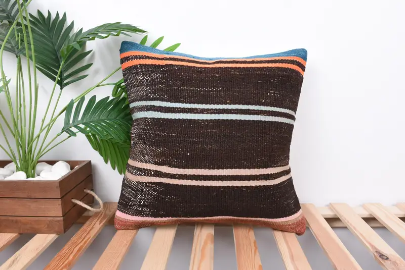 18x18 Brown Pillow, Handmade Kilim Cushion, Rustic Cushion Case, Turkish Kilim Pillow, Vintage Pillow, Cushion Cover, Kilim Rug Cushion Cover - 1