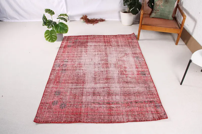 Vintage Türkischer Teppich 4,1x5,8 ft (125x178 cm), Oushak Roter Abstrakter Teppich - 1