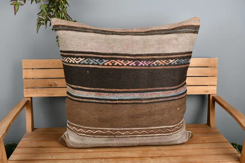 32x32 Brown Pillow Sham, Cushion Case, Colorful Cushion Cover, Knitted Cushion Case, Turkish Kilim Pillow, Antique Pillows, Kilim Pillow - 6