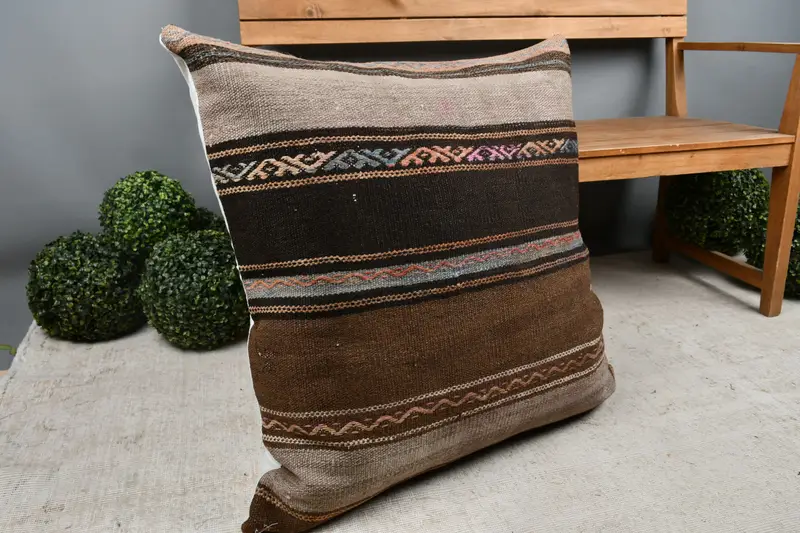 32x32 Brown Pillow Sham, Cushion Case, Colorful Cushion Cover, Knitted Cushion Case, Turkish Kilim Pillow, Antique Pillows, Kilim Pillow - 7