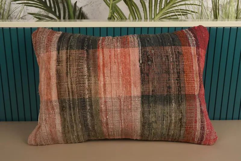 Striped Throw Antique Cushion, Red 16x24 inch Wool Pillow - 1