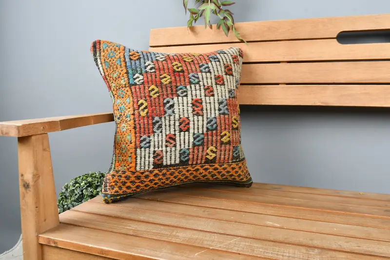 Decorative Pillow Sham, Ethnical Kilim Rug Pillow, Pillow, Handmade Kilim Cushion, 16x16 Red Cushion Case, Sustainable Pillow Case, Antique Pillows - 1
