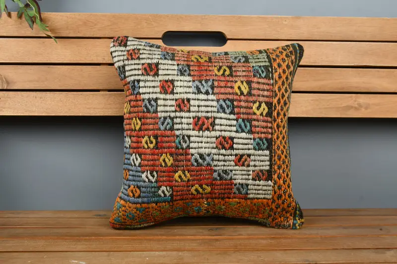 Decorative Pillow Sham, Ethnical Kilim Rug Pillow, Pillow, Handmade Kilim Cushion, 16x16 Red Cushion Case, Sustainable Pillow Case, Antique Pillows - 6
