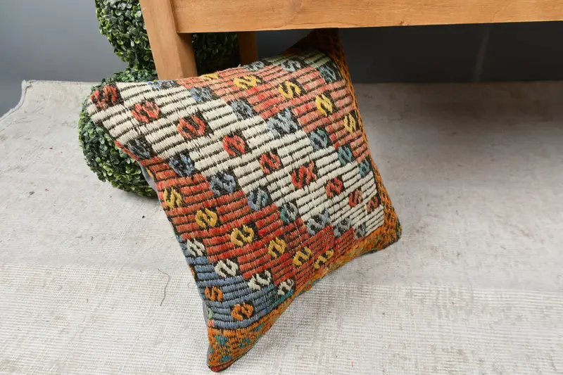 Decorative Pillow Sham, Ethnical Kilim Rug Pillow, Pillow, Handmade Kilim Cushion, 16x16 Red Cushion Case, Sustainable Pillow Case, Antique Pillows - 7