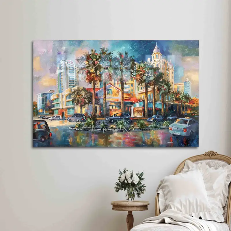 Modern Printed Glass: Vibrant Cityscape & Palm Trees