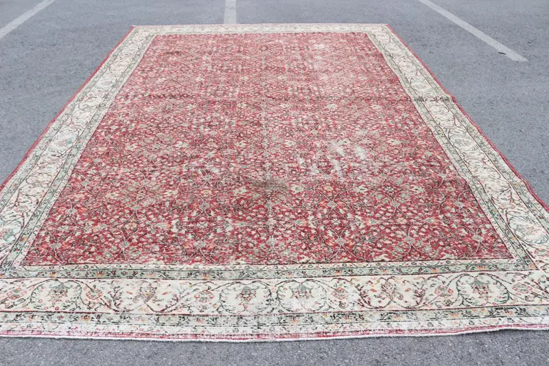9.2x13.4 ft Türk Halısı, Vintage Büyük Boy Halı, Kırmızı Beyaz Çiçekli Halı - 1