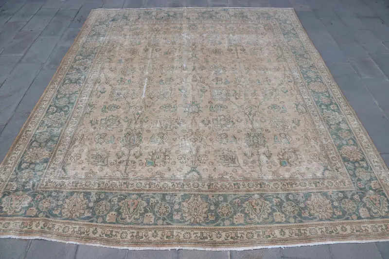 Alfombra Oushak de 9,4x10,7 pies, alfombra turca vintage, alfombra de lunares marrón azul - 1