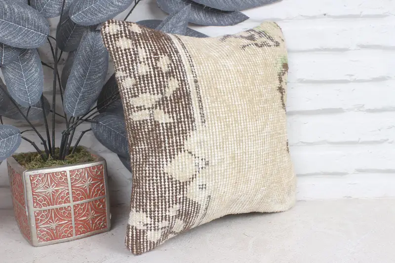 Cushion, Vintage Kilim Pillow, Kilim Pillow, Outdoor Bolster Cushion Case, Bolster Throw Pillow Sham, 12x12 Beige Pillow, Antique Pillows - 4