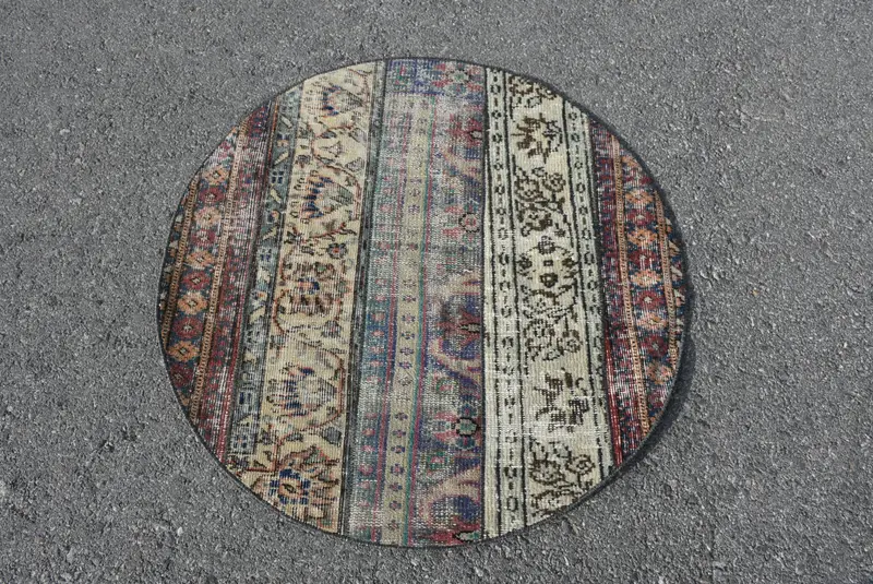 Vintage 3.1x3.1 ft Halı, Yuvarlak Türk Halısı, Mavi Oryantal Yün Halı - 1