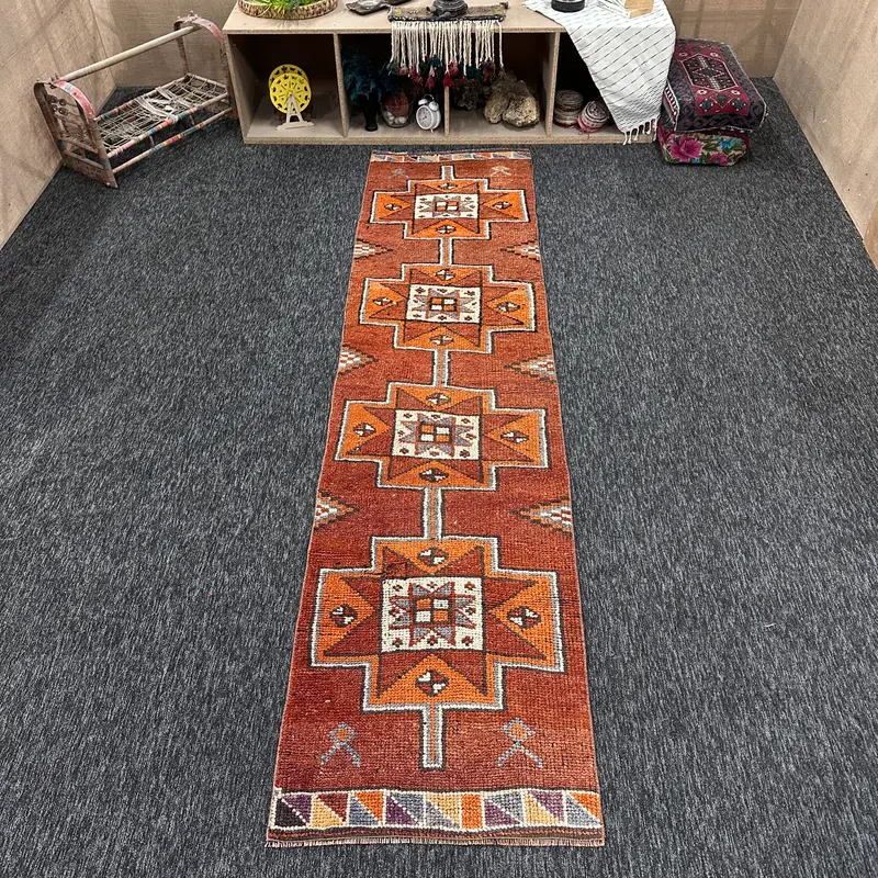 2.4x10 ft Rug, Small Vintage Rug, Orange Herki Geometric Rug - 1