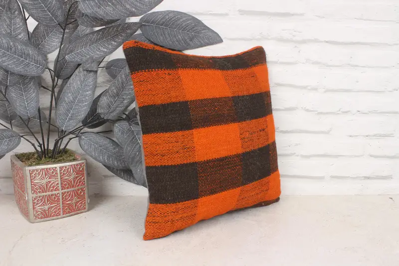 Pillow Cover, Throw Kilim Pillow, Ethnic Throw Cushion Case, Indoor Pillow Sham, Boho Pillow Sham Cover, Antique Pillows, 14x14 Orange Cushion Cover - 3