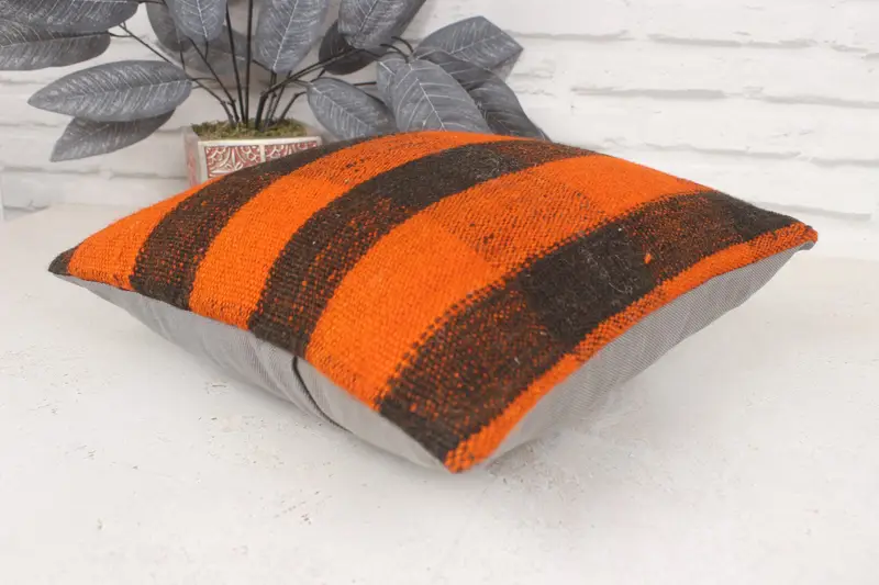 Pillow Cover, Throw Kilim Pillow, Ethnic Throw Cushion Case, Indoor Pillow Sham, Boho Pillow Sham Cover, Antique Pillows, 14x14 Orange Cushion Cover - 6