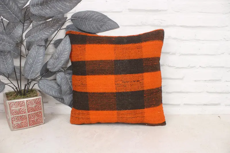 Pillow Cover, Throw Kilim Pillow, Ethnic Throw Cushion Case, Indoor Pillow Sham, Boho Pillow Sham Cover, Antique Pillows, 14x14 Orange Cushion Cover - 1