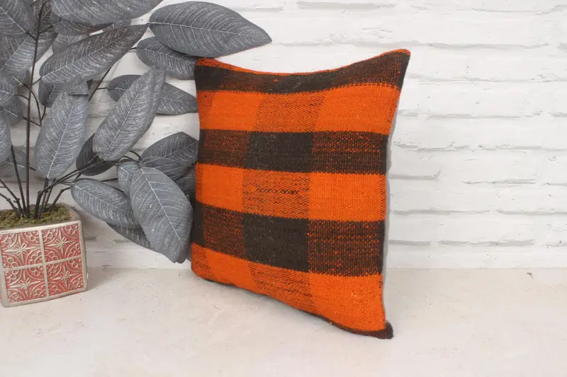 Pillow Cover, Throw Kilim Pillow, Ethnic Throw Cushion Case, Indoor Pillow Sham, Boho Pillow Sham Cover, Antique Pillows, 14x14 Orange Cushion Cover - 4