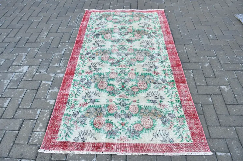 Türkischer Vintage-Teppich, 3,8 x 6,6 Fuß großer Oushak-Teppich, rot gepunkteter Wollteppich - 1