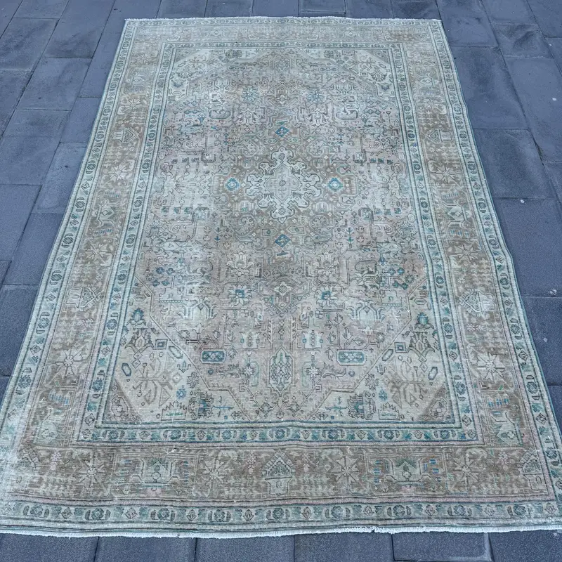 6.4x9.7 ft Turkish Rug, Vintage Large Rug, Blue Gray Bordered Rug - 1