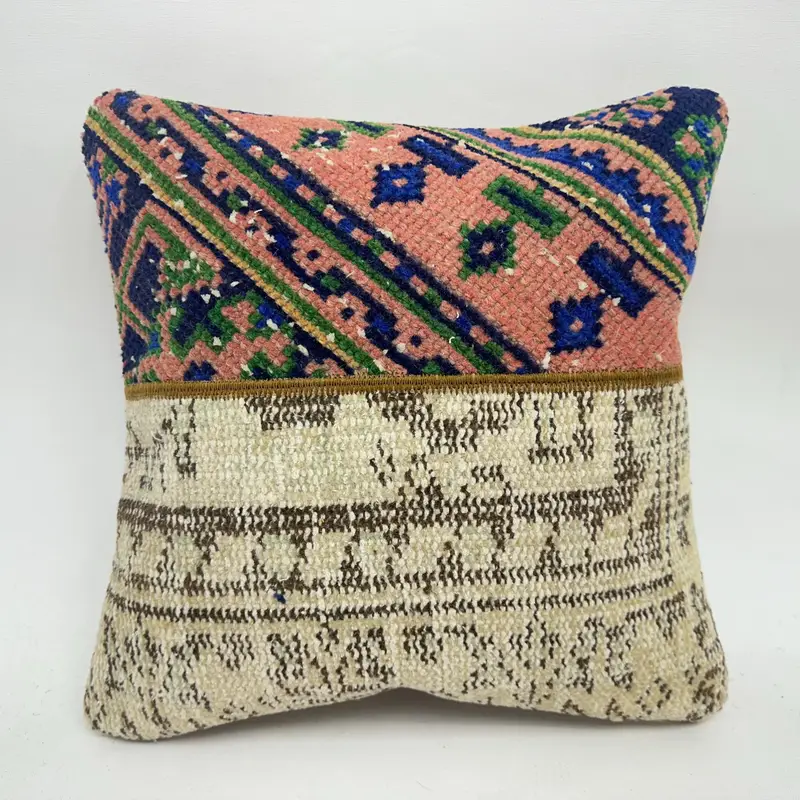 Mavi & Turuncu Patchwork Kırlent, 16x16 Nakışlı Kırlent