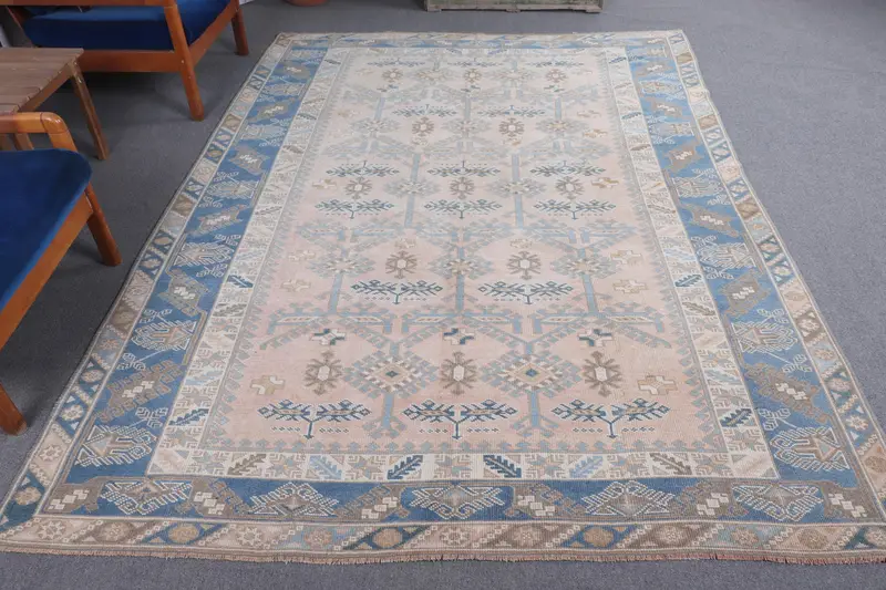 6.46x8.9 ft Halı, Vintage Türk Büyük Halı, Mavi Oushak Yün Halı - 1