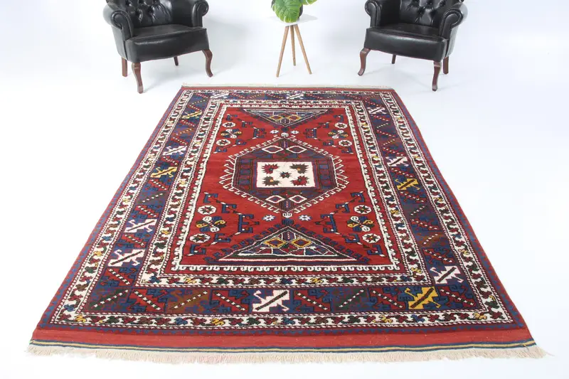 Vintage Rug, 6x9 ft Large Rug, Red Animal Print Wool Turkish Rug - 1
