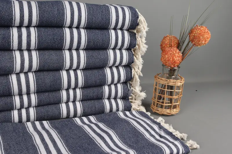 Turkish Towel Navy Striped Organic Cotton Beach Towel, 40x71 Inches