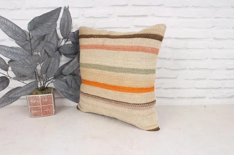 Kilim Pillow Cover, Knitted Pillow Sham, Pillow, Boho Chic Pillow Case, 18x18 Beige Cushion Cover, Antique Pillows, Interior Designer Pillow - 4
