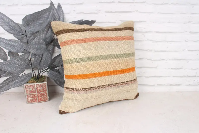 Kilim Pillow Cover, Knitted Pillow Sham, Pillow, Boho Chic Pillow Case, 18x18 Beige Cushion Cover, Antique Pillows, Interior Designer Pillow - 3