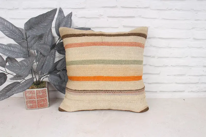 Kilim Pillow Cover, Knitted Pillow Sham, Pillow, Boho Chic Pillow Case, 18x18 Beige Cushion Cover, Antique Pillows, Interior Designer Pillow - 1