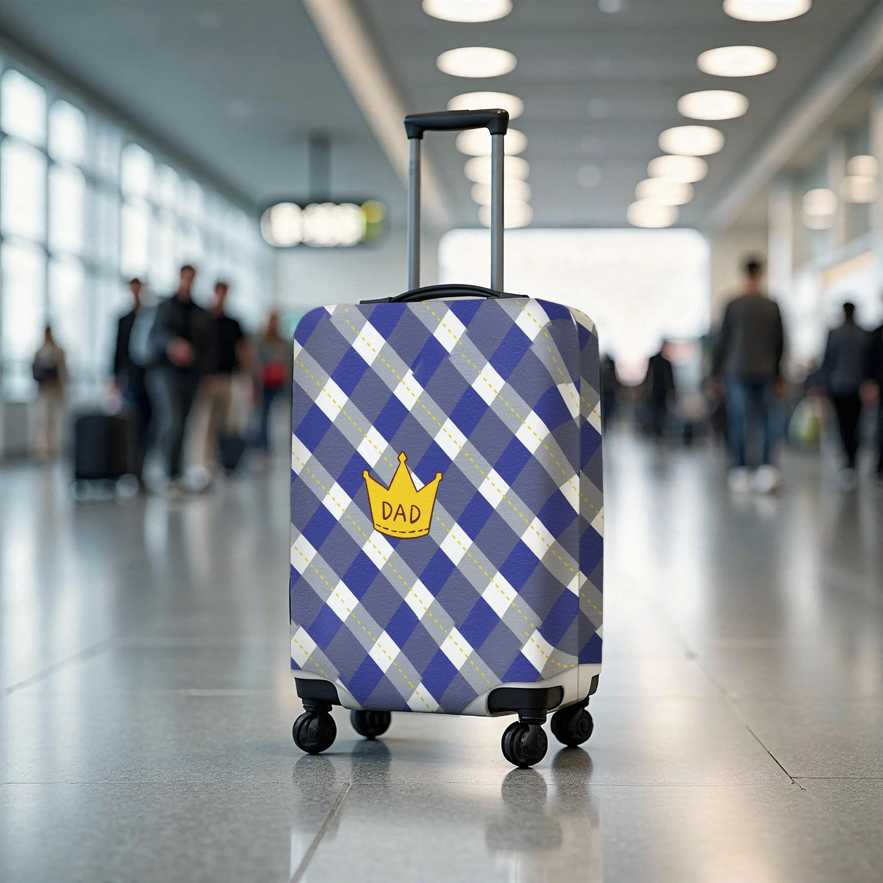 Blue Plaid Luggage Cover with Crown Father Travel Gift Text, Custom Protector for Dad - 1