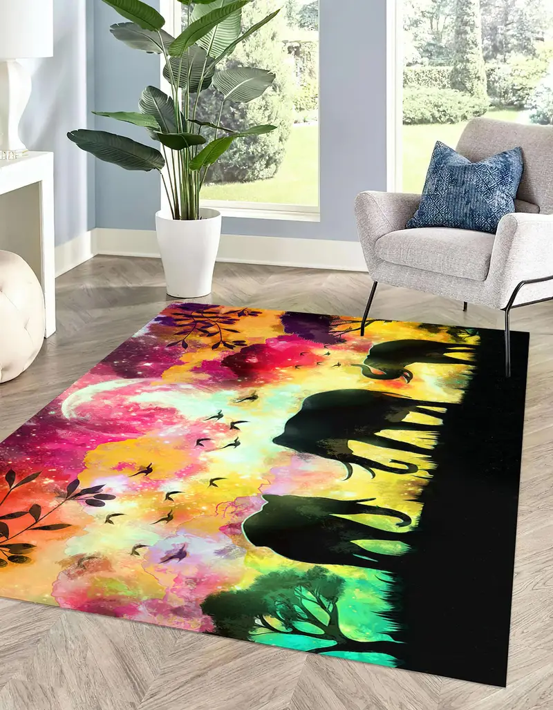 Alfombra moderna estampada: nubes coloridas y elefantes safari