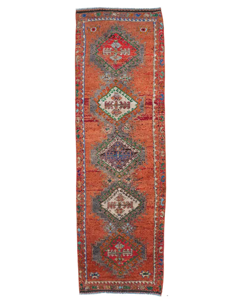 3,4x11,5 ft Halı, Canlı Turuncu ve Yeşil Kareli Tasarım