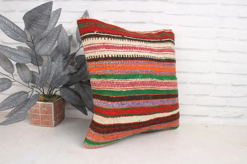 Chair Cushion Case, Throw Kilim Pillow, Turkish Kilim Pillow, Handwoven Pillow Sham, 18x18 Orange Pillow Sham, Turkish Pillow, Pillow - 3
