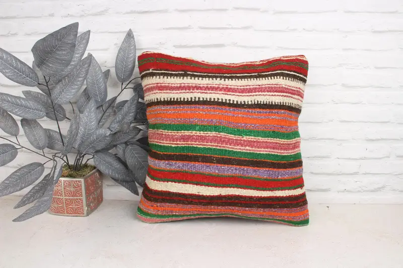 Chair Cushion Case, Throw Kilim Pillow, Turkish Kilim Pillow, Handwoven Pillow Sham, 18x18 Orange Pillow Sham, Turkish Pillow, Pillow - 1