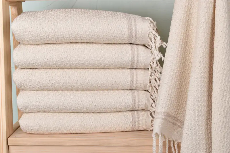 Personalized Light Beige Striped Bath Towel, Organic Cotton/Linen, 36x67 Inches