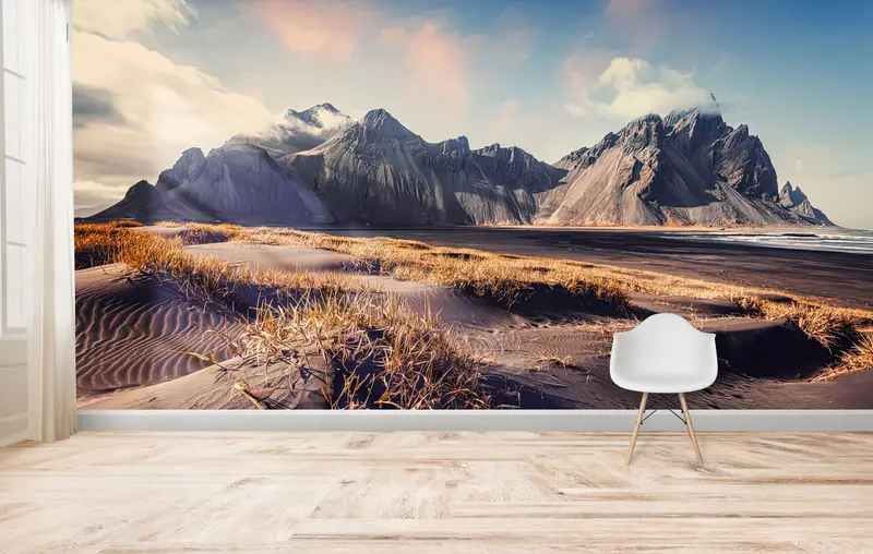 Papel pintado impreso con paisaje de montaña de Vestrahorn: Elegancia de la naturaleza de Islandia