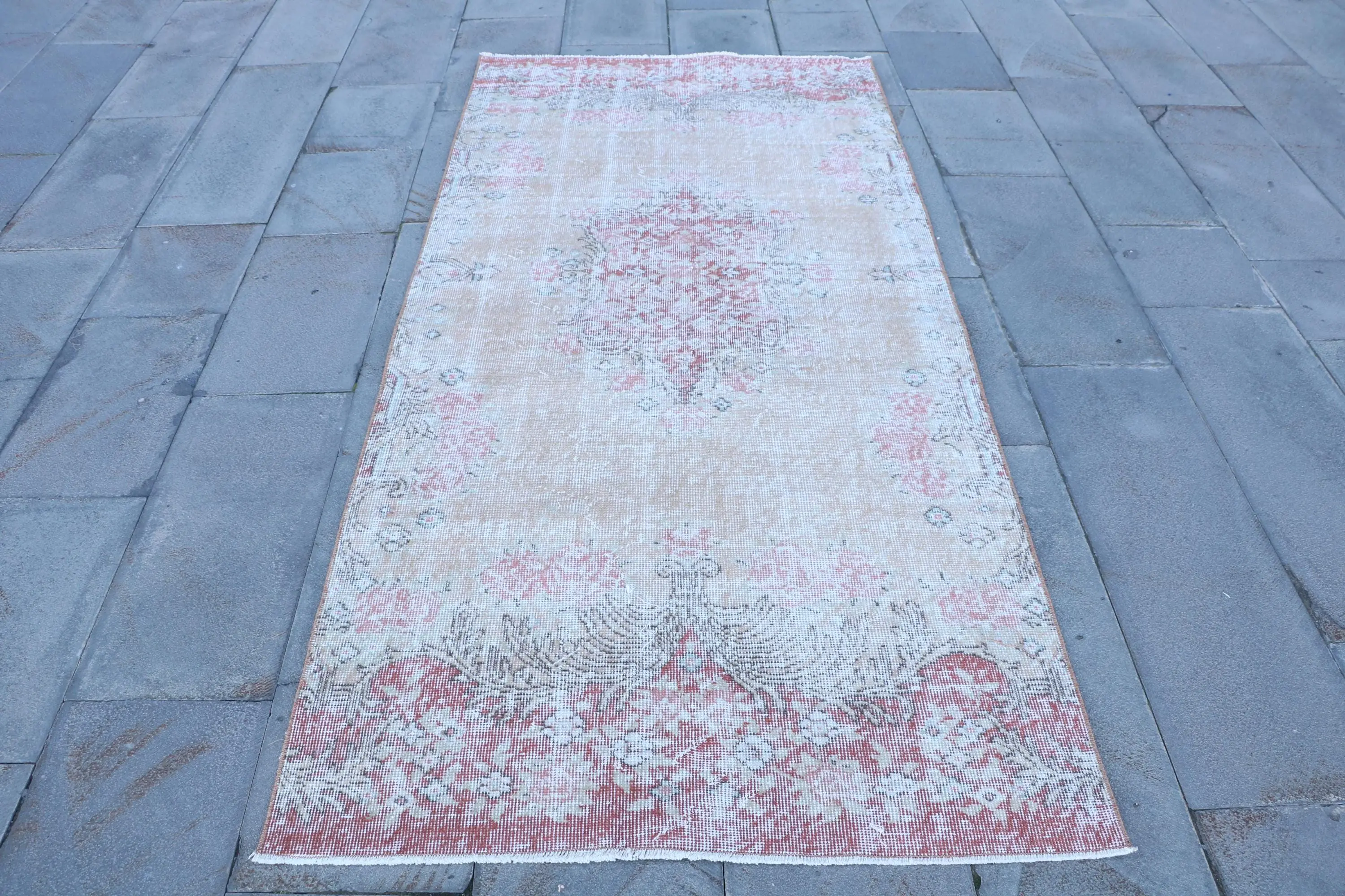 Turkish Rug, Area 3.5x7.4 ft Vintage Rug, Red White Camouflage Wool Rug - 1