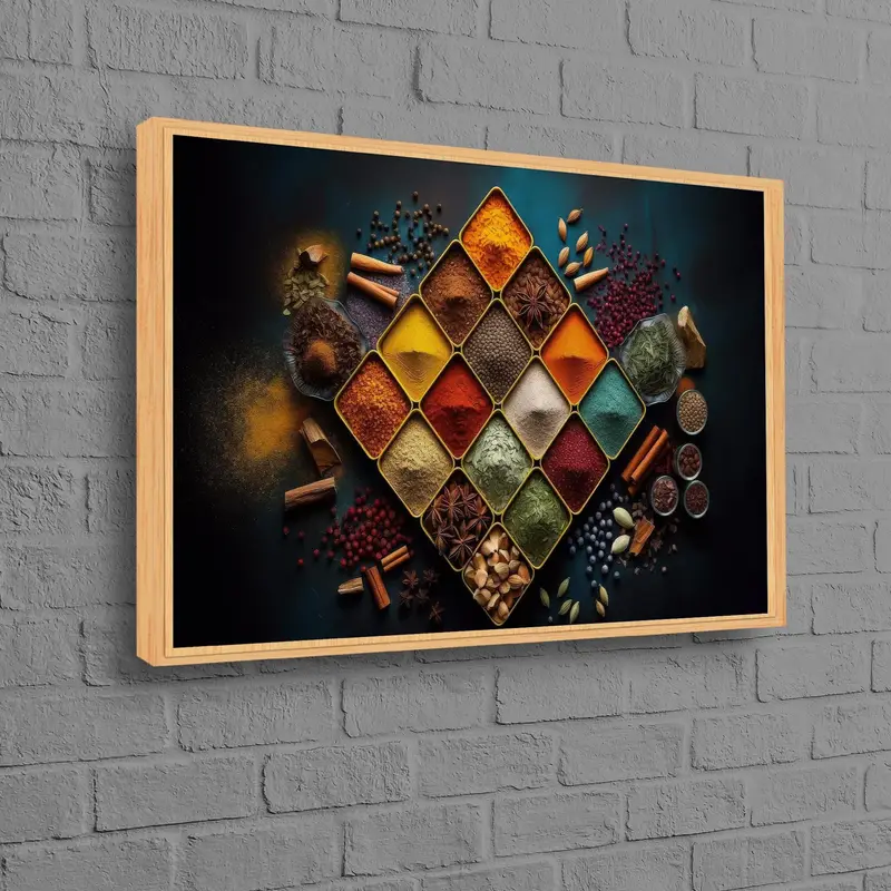 Elegant Printed Canvas: Vibrant Spices in Kitchen Setting