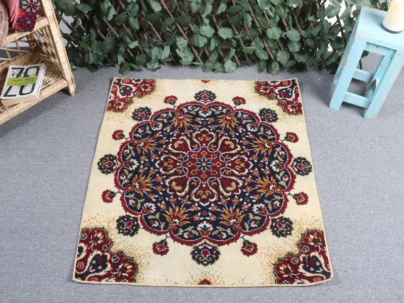 Beige & Blue Patchwork Rug, 2.6x3 ft Elegant Decor