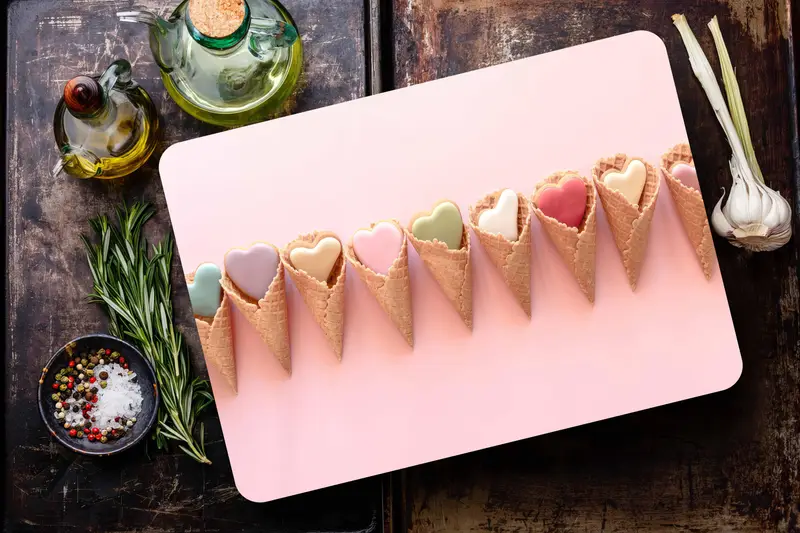 ピンクのアイスクリームコーンデザインのハート型ガラスまな板